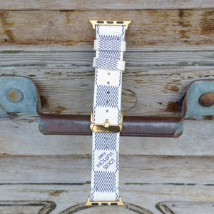 Apple Watch Band Handmade Re-Purposed Damier Azur for Apple Watch Series 1, 2, 3, 4, 5, 6, SE